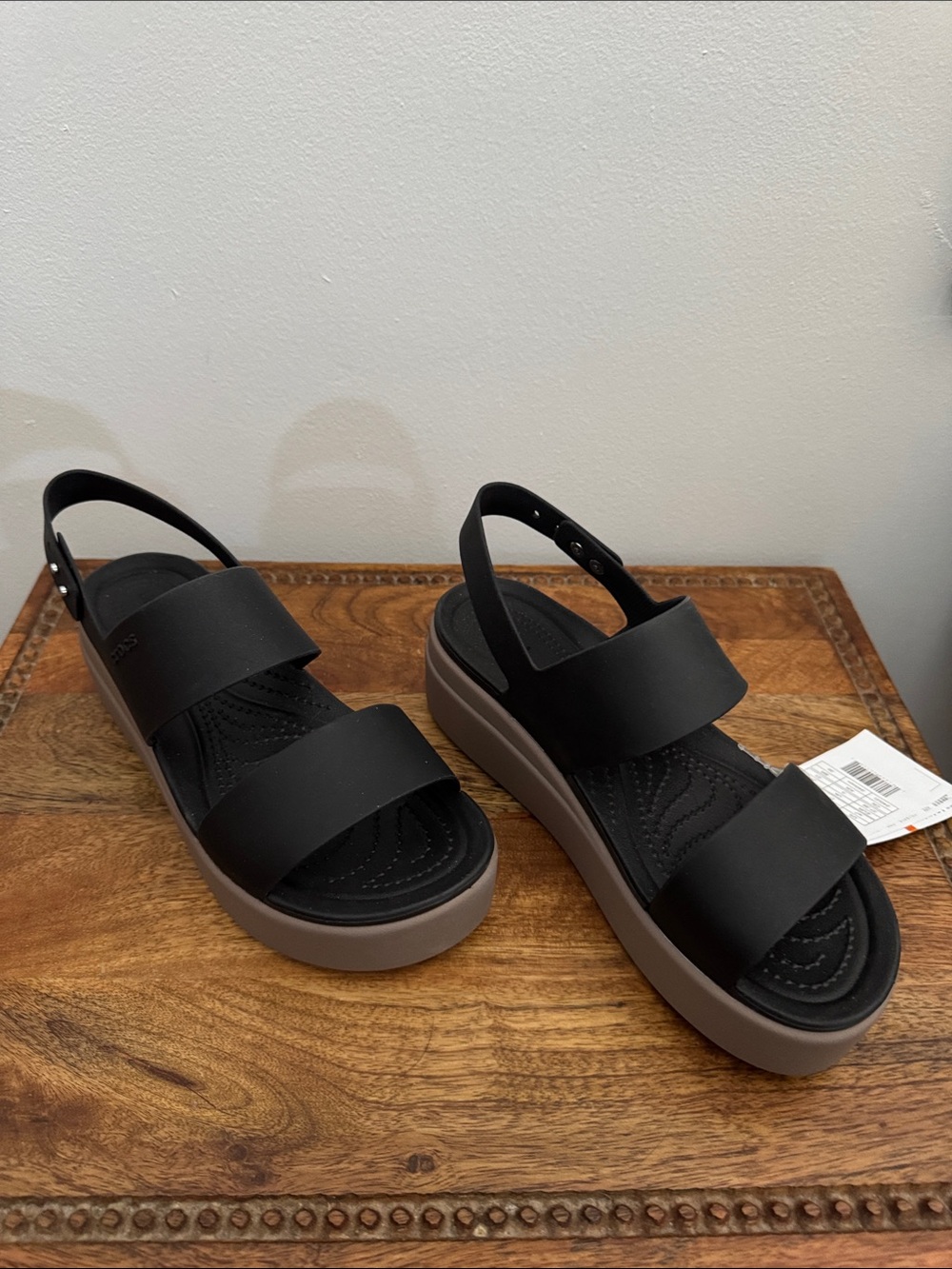 CROCS Black Dual-Strap Platform Slingback Sandals with Tan Sole